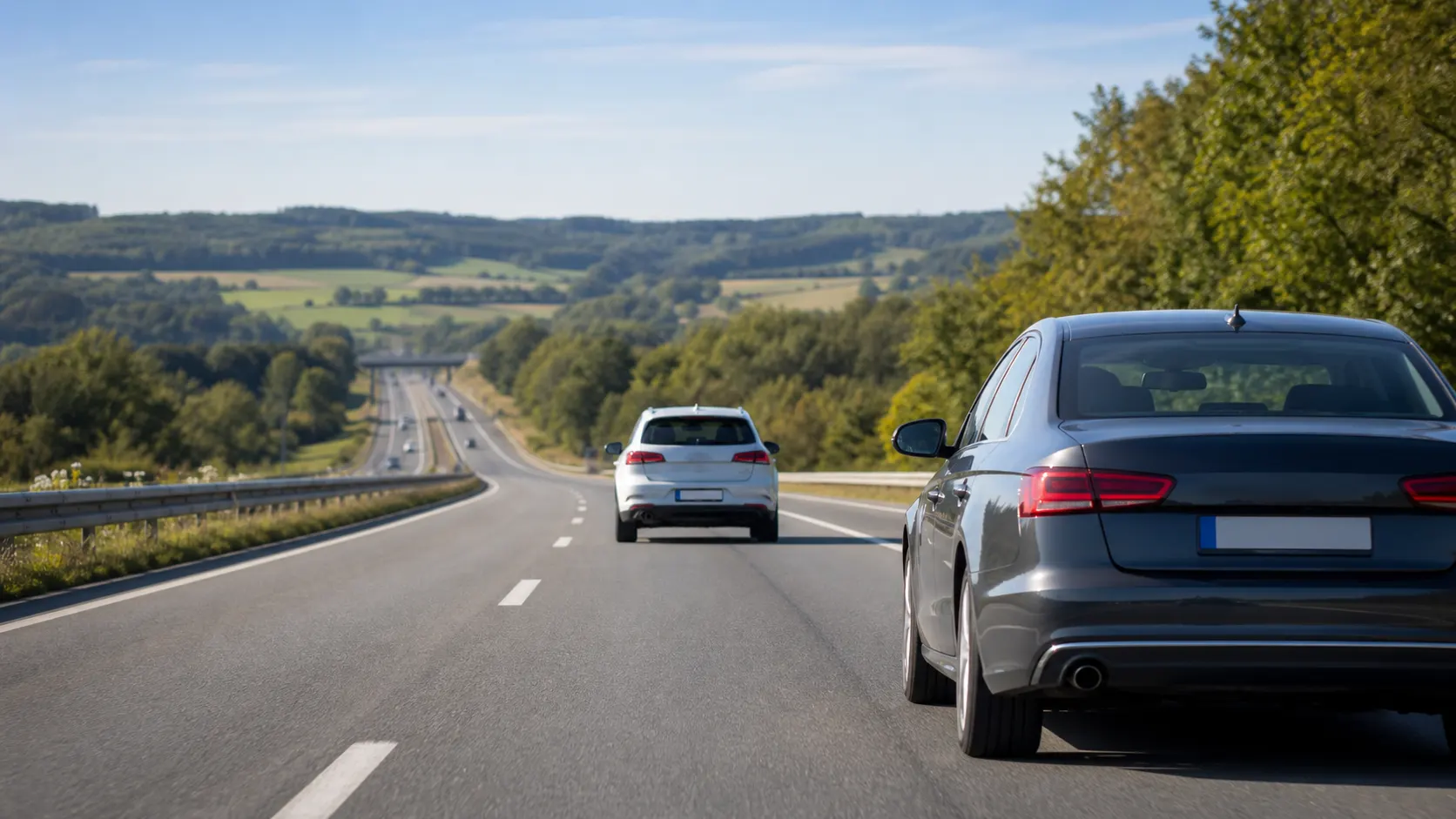 Zwei Fahrzeuge mit sicherem Abstand auf einer hellen Straße