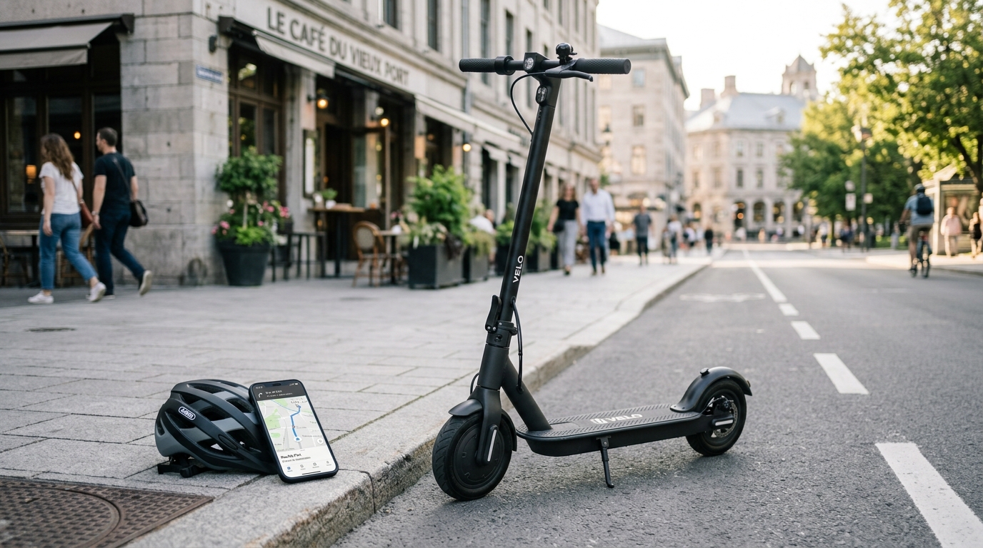 Moderner E-Scooter abgestellt am Straßenrand mit Helm und Smartphone in einer städtischen Umgebung