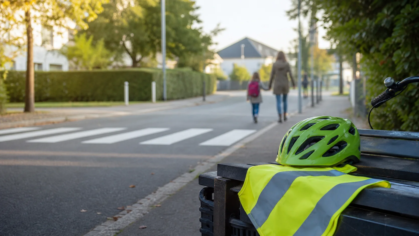 Fahrradhelm und Warnweste an einem sicheren Schulweg mit Zebrastreifen