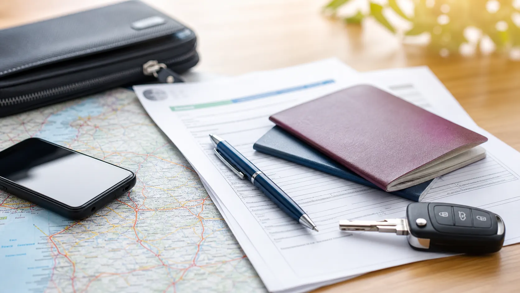 Reiseunterlagen, Karte, Smartphone und Versicherungsdokumente für einen Unfall im Ausland