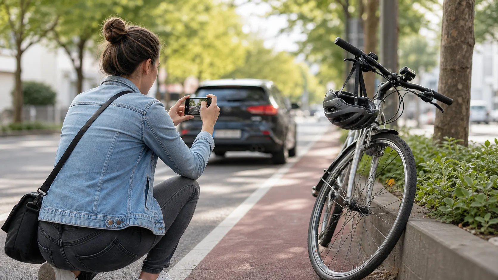 Fahrrad am Straßenrand mit Helm und Smartphone zur Dokumentation einer Unfallsituation