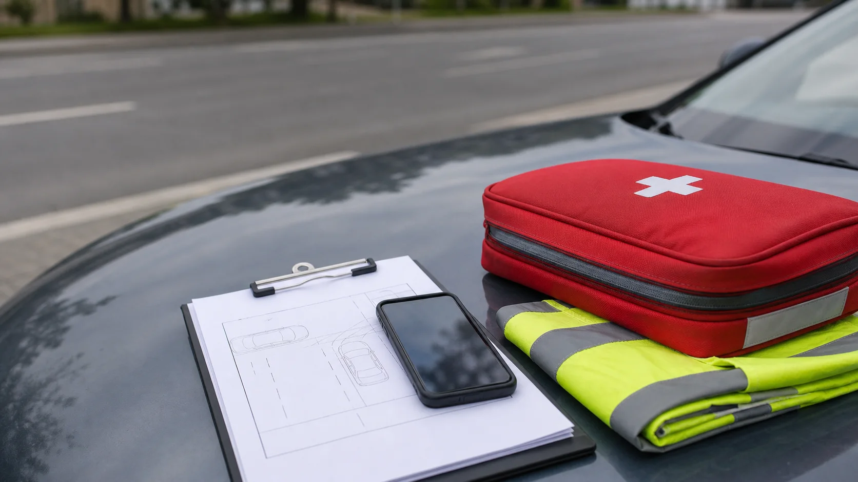 Erste-Hilfe-Set, Warnweste, Smartphone und Unfallskizze auf der Motorhaube eines Autos
