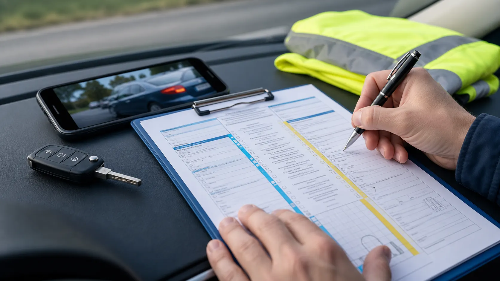 Unfallbericht, Stift und Smartphone als Hilfsmittel zur Dokumentation nach einem Unfall