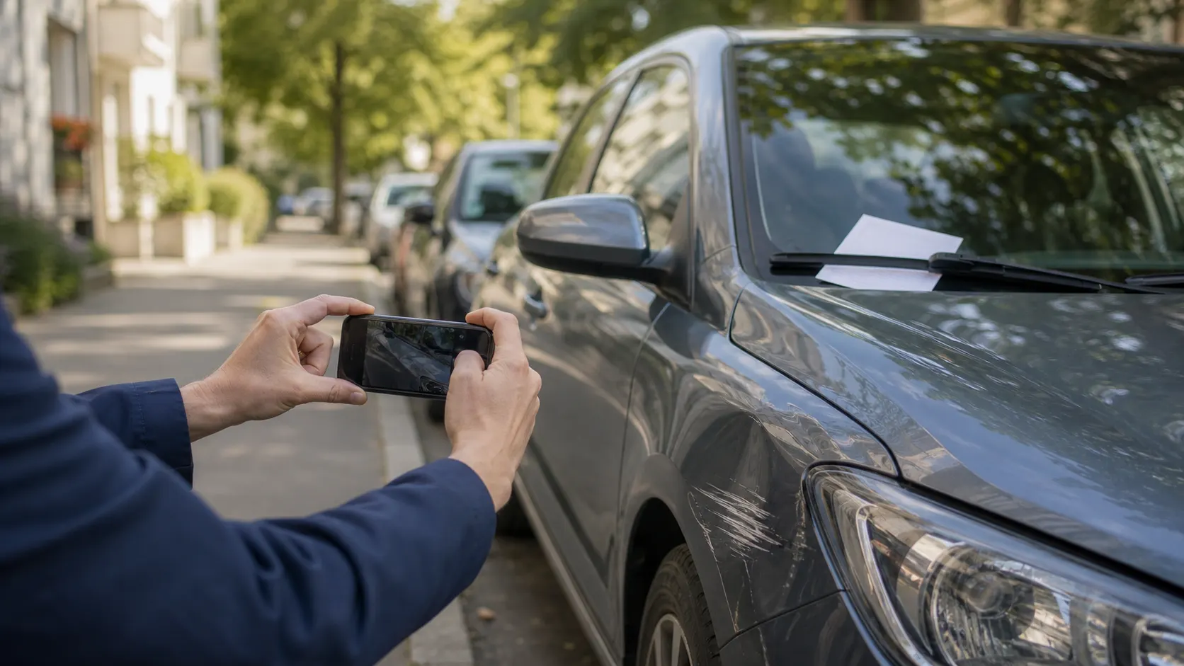 Kleiner Parkschaden mit Notiz und Smartphone zur verantwortlichen Dokumentation