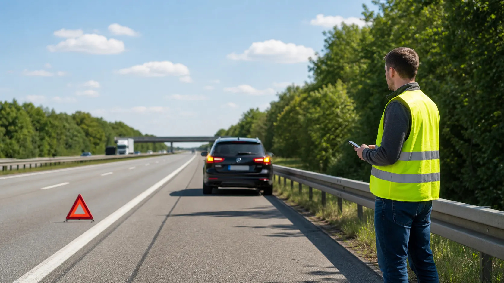 Sicher abgesichertes Fahrzeug auf dem Autobahnstreifen mit Person hinter der Leitplanke
