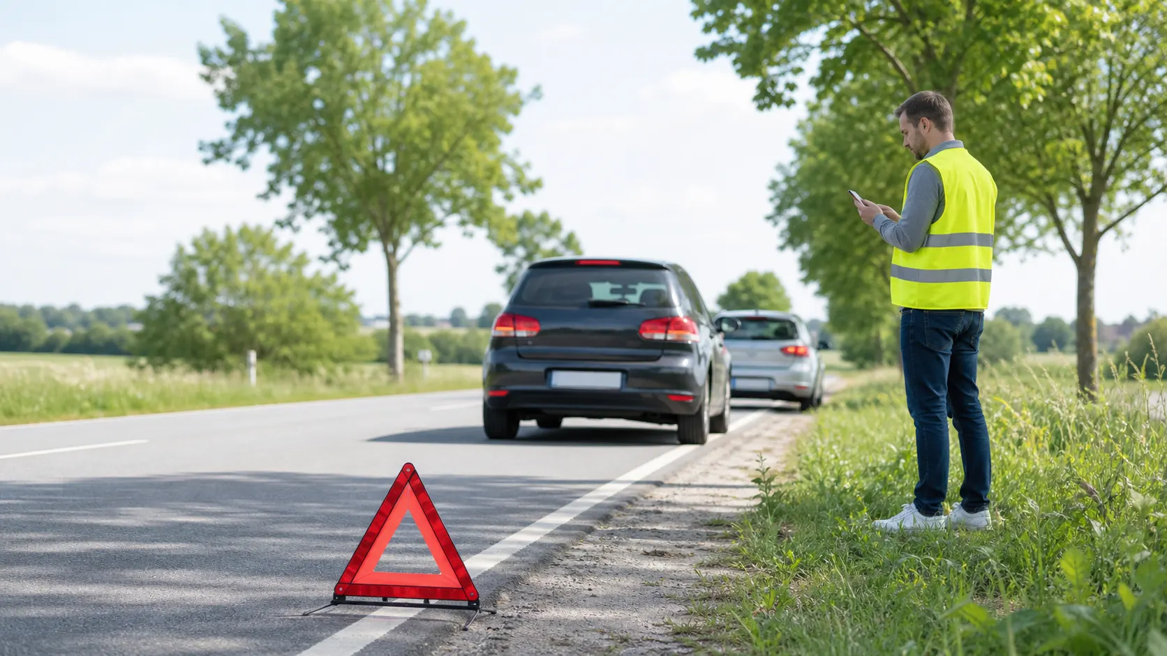 Abgesicherte Unfallstelle mit Warndreieck und Warnweste an einer ruhigen Straße