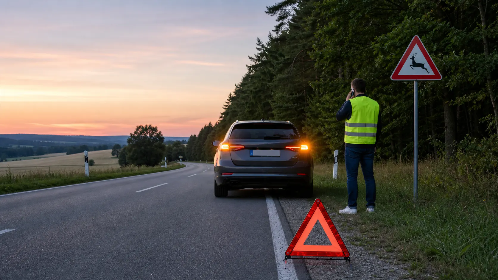 Landstraße am Waldrand mit Warnschild, Warndreieck und sicher abgestelltem Fahrzeug