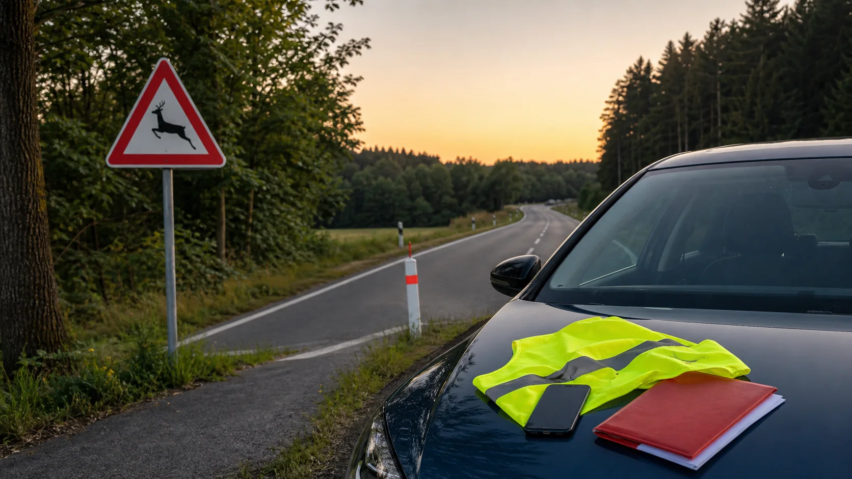 Warnweste, Smartphone und Versicherungsmappe auf einem Auto an einer Waldstraße mit Wildwechselzeichen