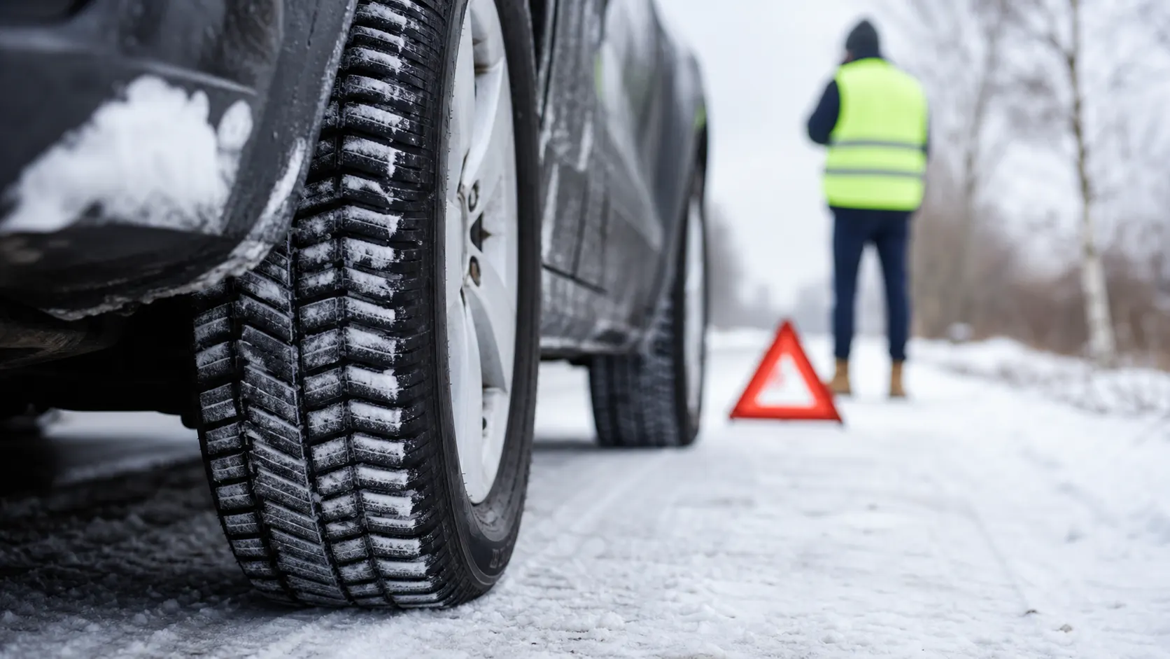 Winterreifenprofil auf leicht verschneiter Straße mit Sicherheitsausrüstung im Hintergrund